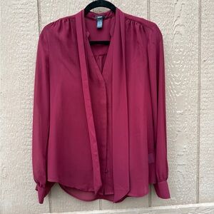 Express Women's Wine Tie-Neck Long Sleeve Blouse